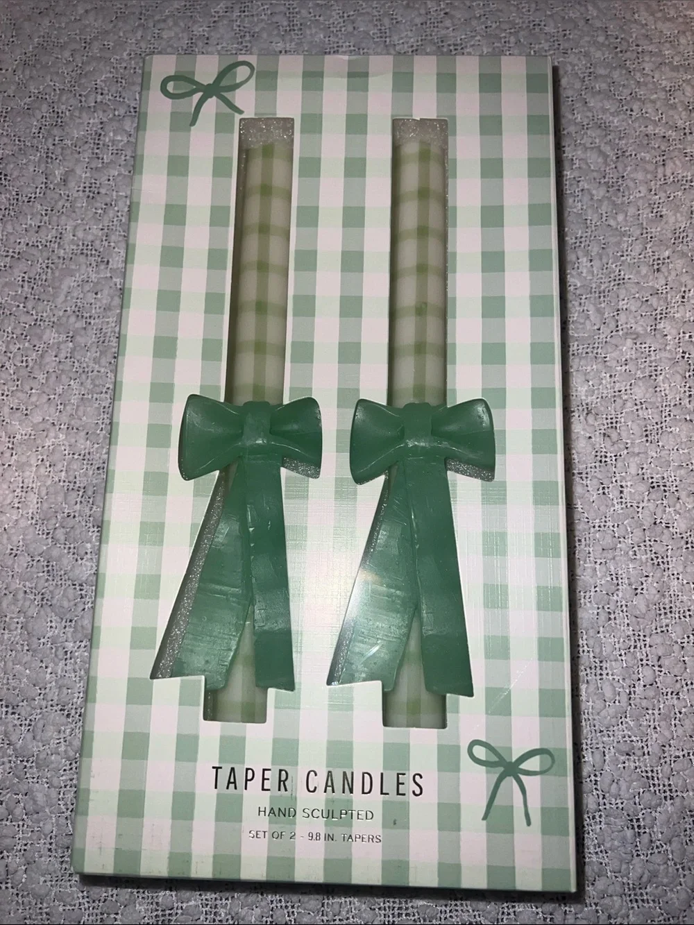 Anthropologie Green Gingham Bow Taper Candles - Set of 2